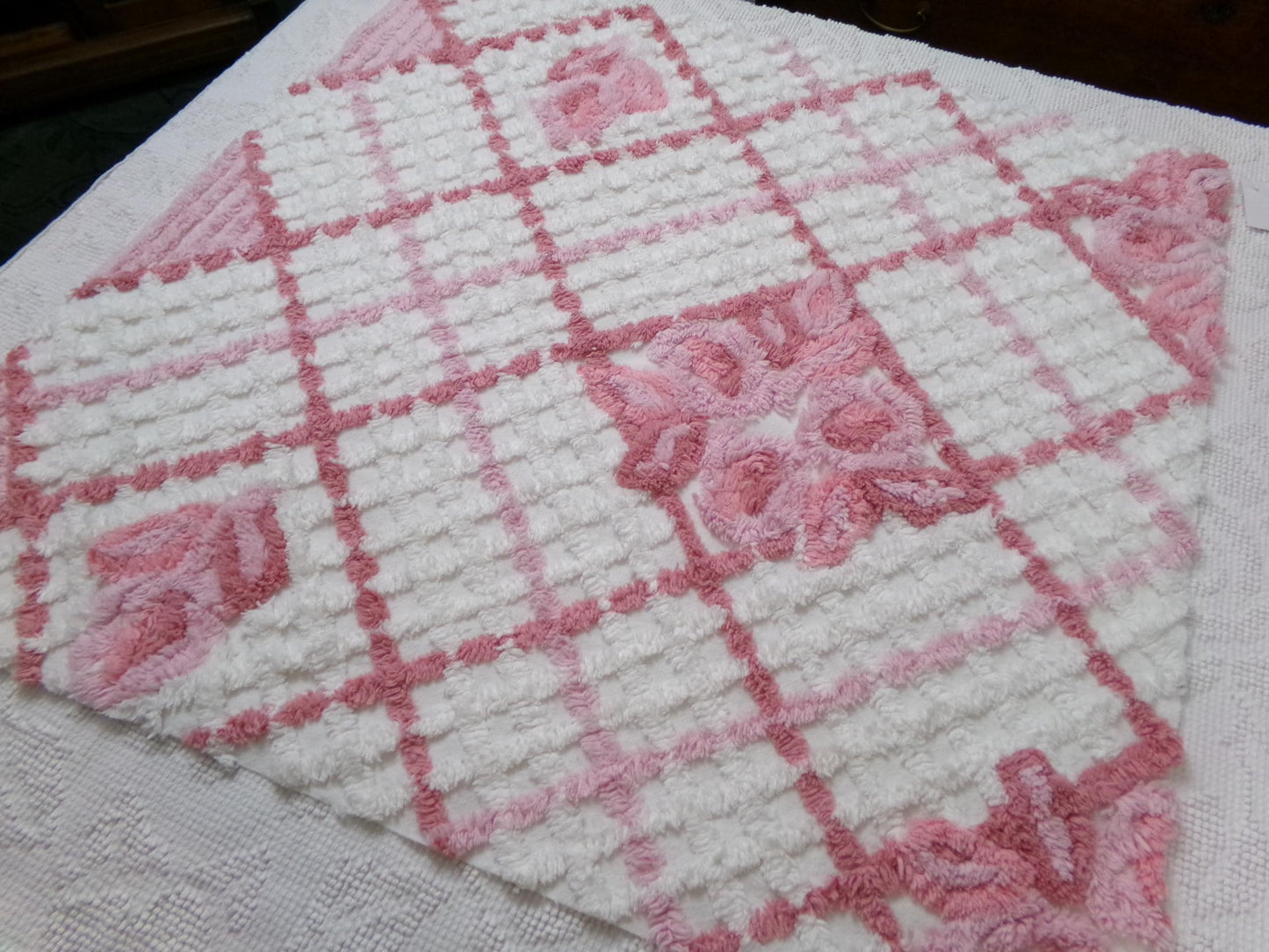 pink & white vintage chenille fabric, geometric rose floral design, 23" x 26" piece sewing material