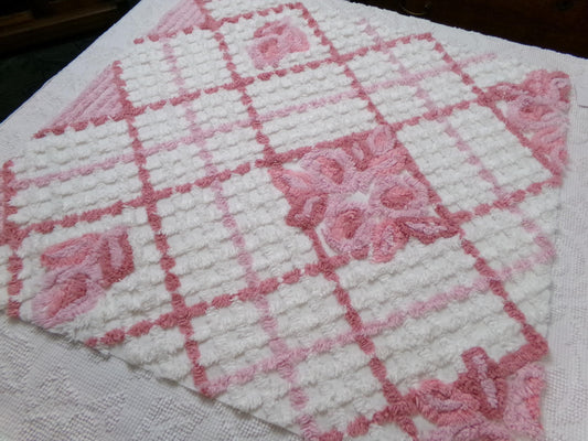 pink & white vintage chenille fabric, geometric rose floral design, 23" x 26" piece sewing material