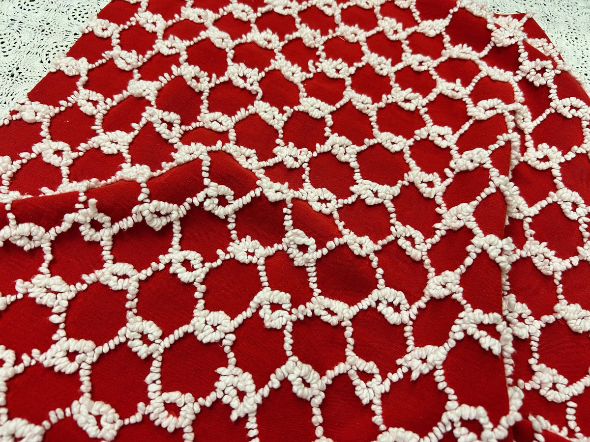 Red & White Vintage Chenille Bedspread Fabric, 17.5x23" Chain Link Design