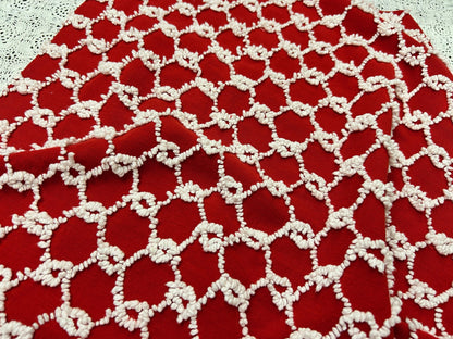 Red & White Vintage Chenille Bedspread Fabric, 17.5x23" Chain Link Design