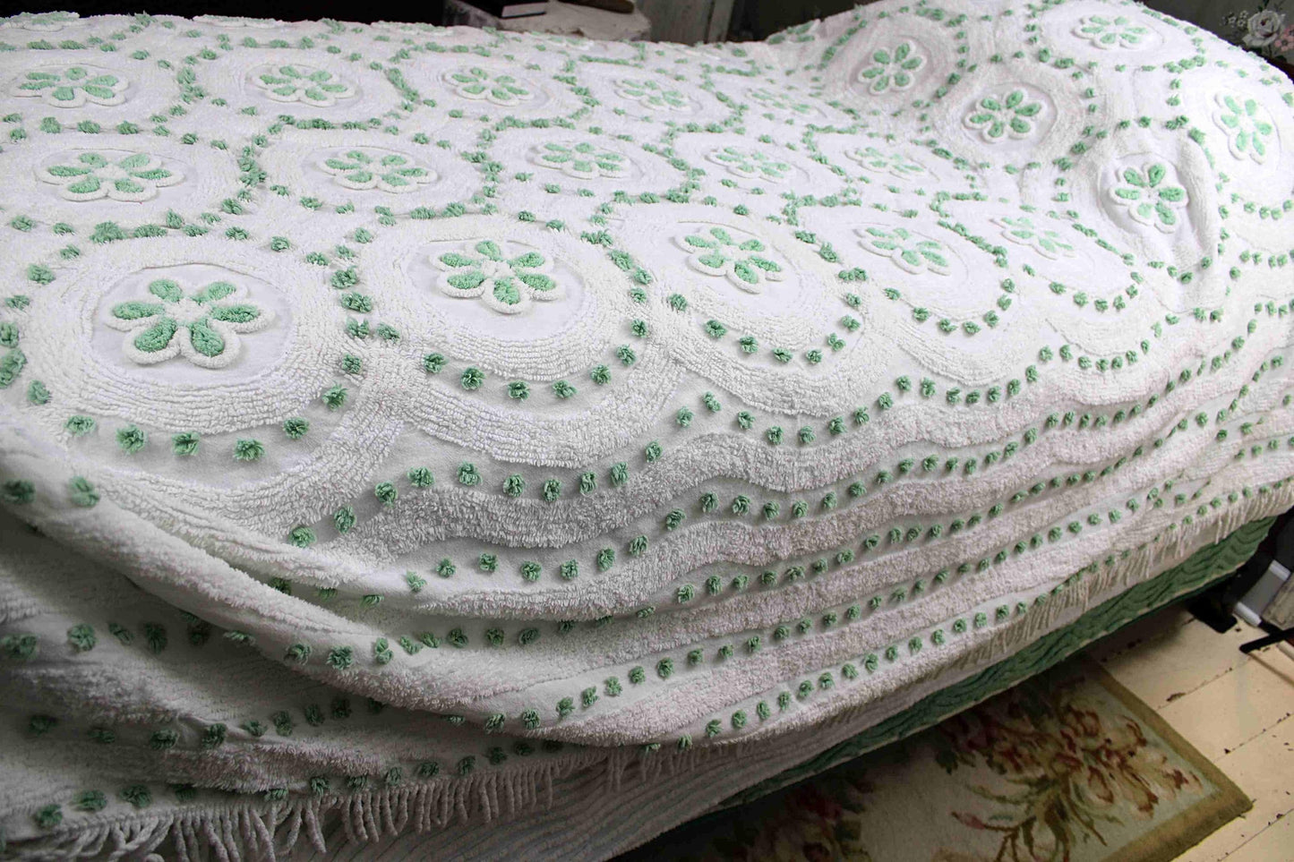 Twin Vintage Chenille Bedspread, Lucky Shamrock Green Flower Circles on White Coverlet