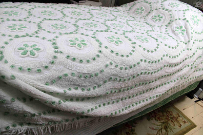 Twin Vintage Chenille Bedspread, Lucky Shamrock Green Flower Circles on White Coverlet