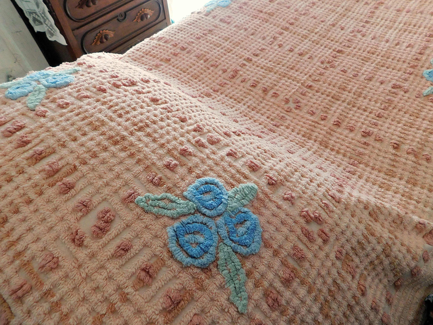 cozy plush plaid vintage chenille bedspread, blue roses on peach geometric design, full size cotton bedding