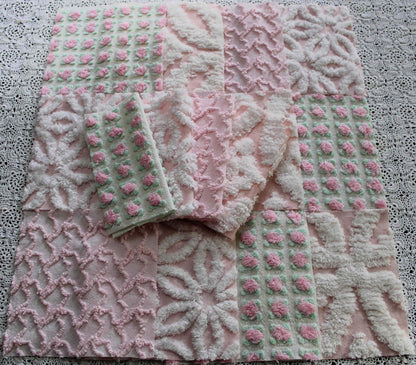 fairy pink chenille fabric squares, cottage rosebud & daisy, 16 vintage quilt blocks 6" x 6" inch, for patchwork pillows, quilting, crafts