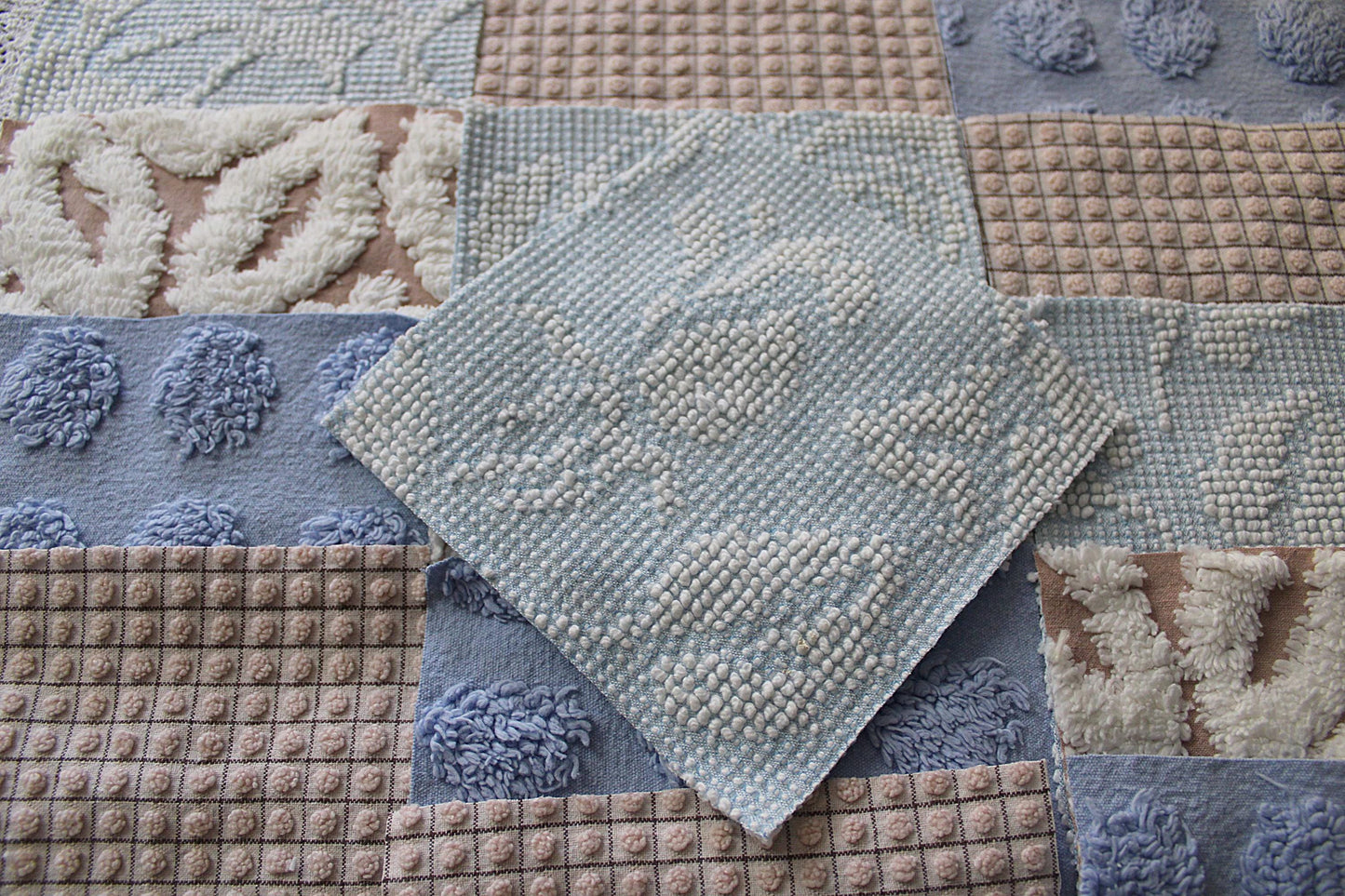 sky & sand vintage chenille fabric squares, set of 16 quilt blocks 6" each, modern dot, hobnail, geometric in blue, white, sand