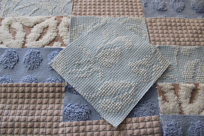 sky & sand vintage chenille fabric squares, set of 16 quilt blocks 6" each, modern dot, hobnail, geometric in blue, white, sand