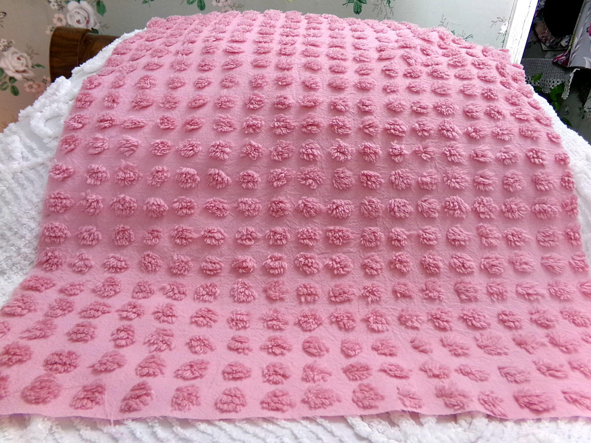 Pink Puffer Pops Vintage Chenille Fabric, Windswept Bobble Tufts, 18x24"