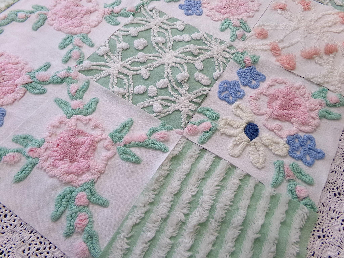 Floral Vintage Chenille Quilt Squares, Flower Medley 6" Fabric Blocks, Set of 17 for Quilting & Crafts