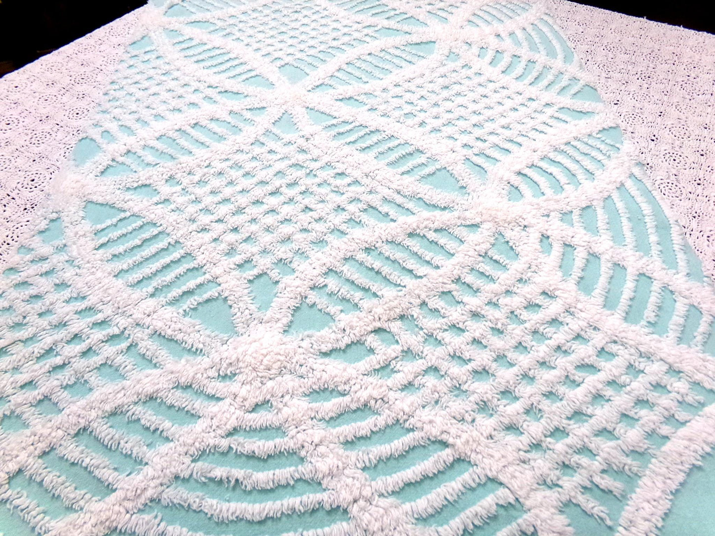 Aqua White Vintage Chenille Fabric 20x24" Geometric Quilt Material