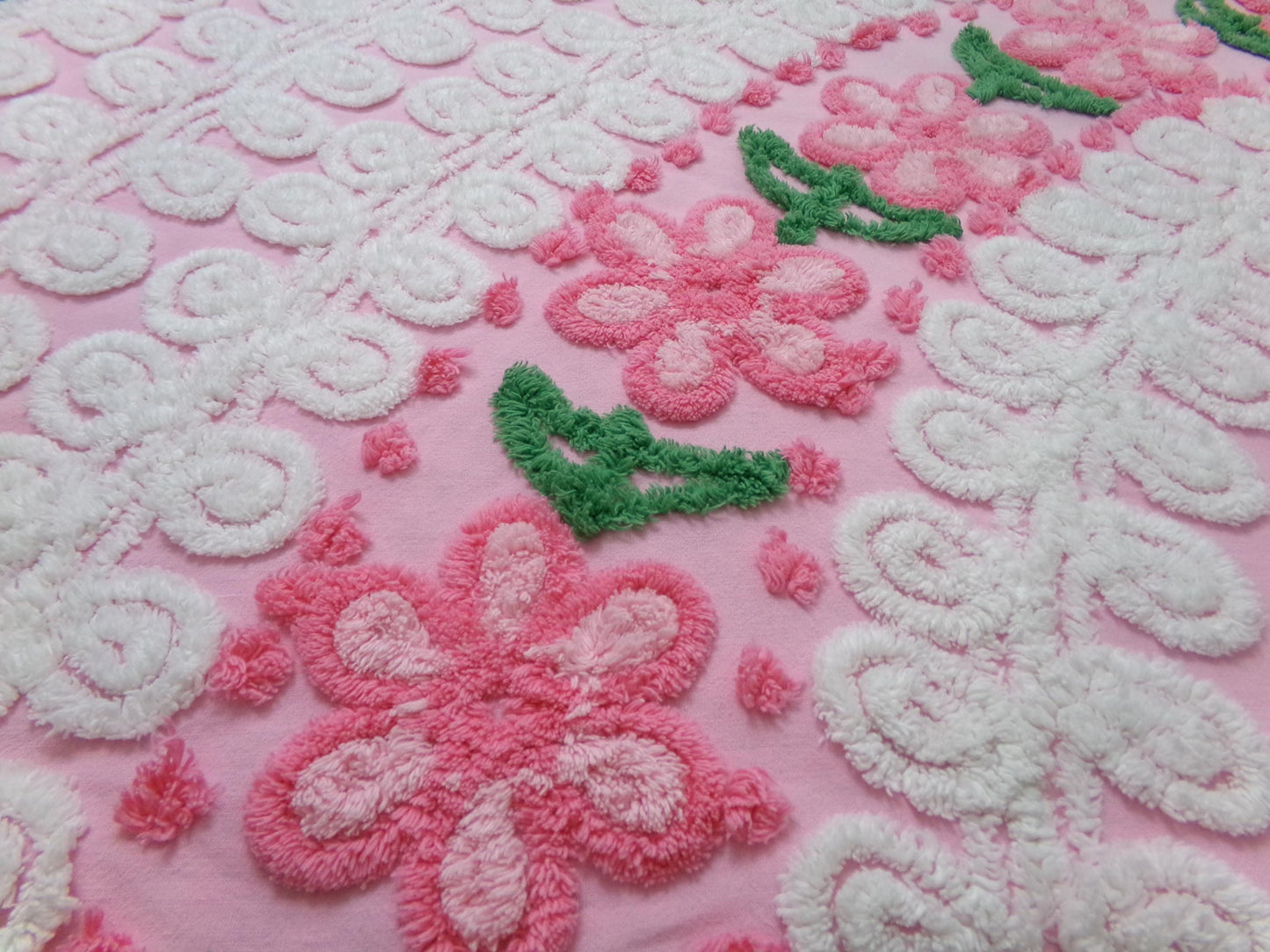 SweetPea Pink Floral Arc Vintage Chenille Bedspread Fabric, 20" x 25" piece