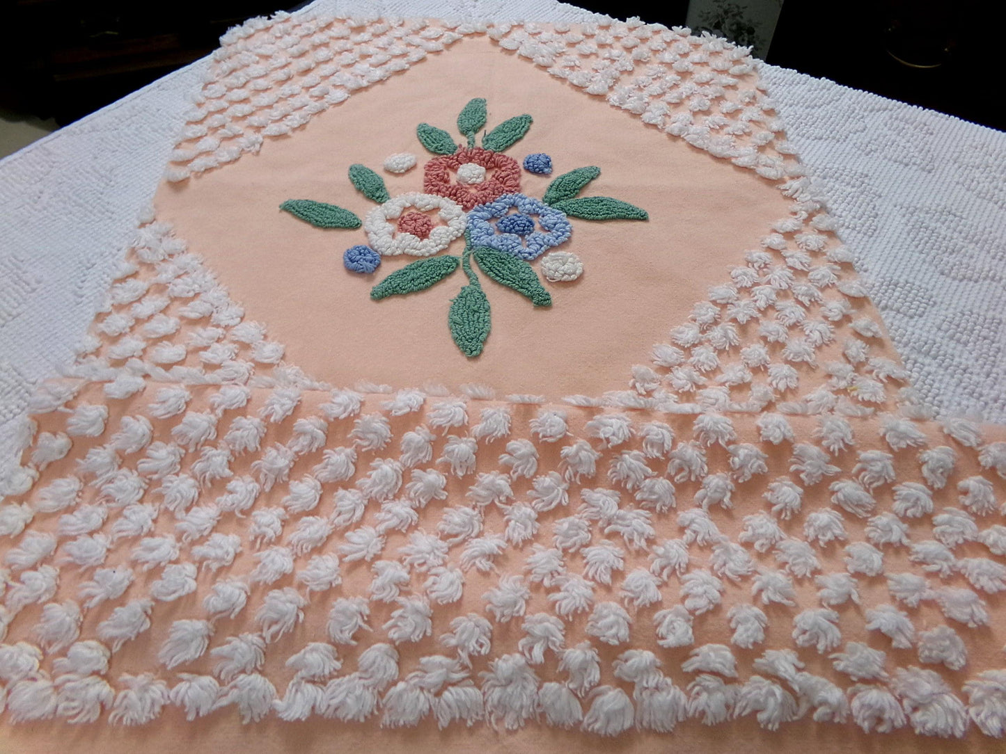 Peach Wildflower Vintage Chenille Bedspread Fabric, 15" x 33" Piece Sewing & Quilt Material