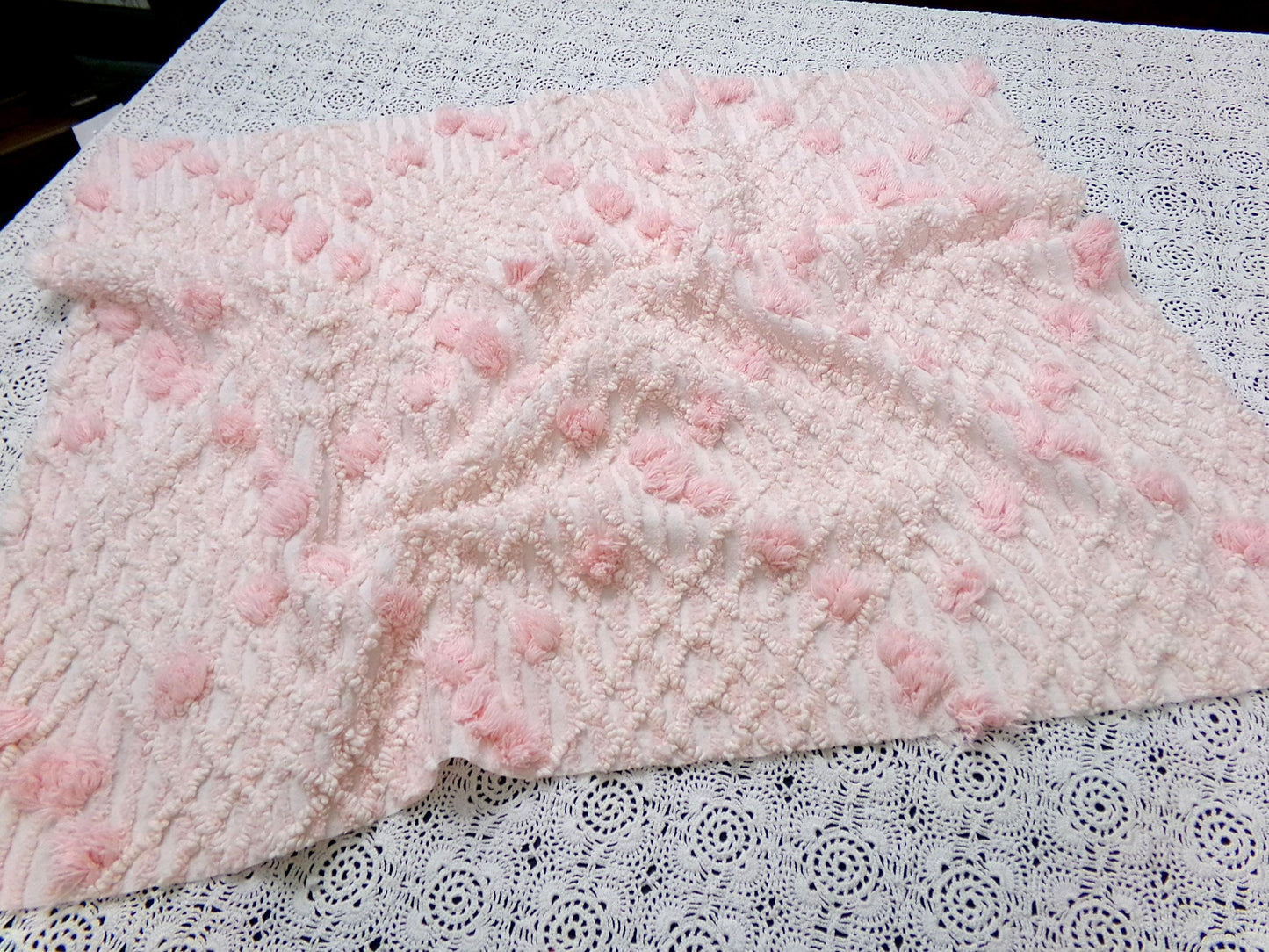 Blush Pink White Vintage Chenille Bedspread Fabric 18x24" Geometric Diamond Puffs
