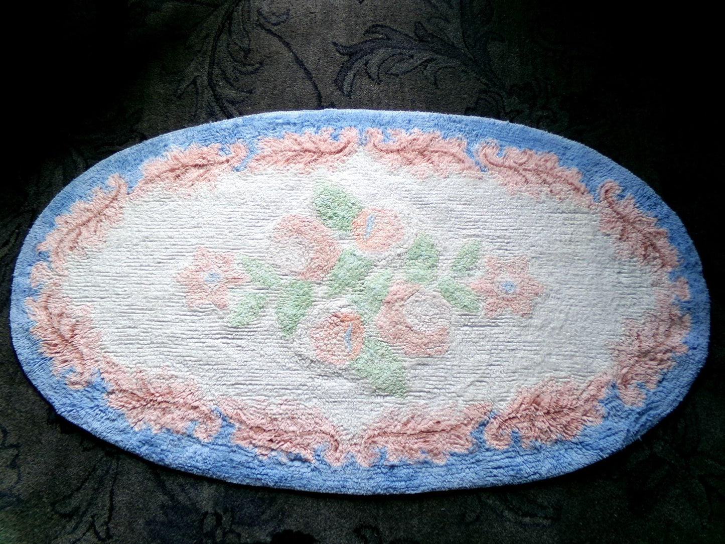 Vintage Shabby Cottage Chenille Rug, Lovely Muted Rose Florals & Pink Leaves, Cotton Bed Bath Accent Mat, Oval Shape, Large Size 25"W x 44"L