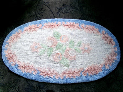 Vintage Shabby Cottage Chenille Rug, Lovely Muted Rose Florals & Pink Leaves, Cotton Bed Bath Accent Mat, Oval Shape, Large Size 25"W x 44"L