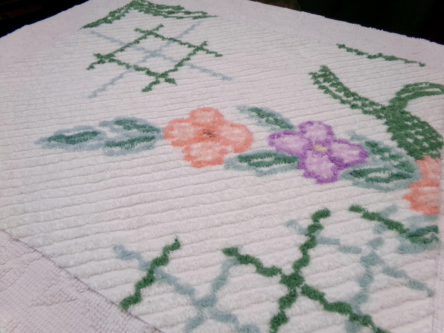 Unique Vintage Chenille Bedspread Fabric, Geometric Floral 20" x 24" piece sewing material