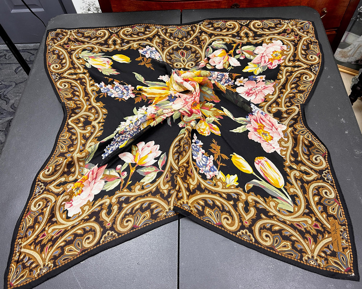 Vintage Ralph Lauren Sheer Scarf Black Floral Tulips Peonies Paisley Border