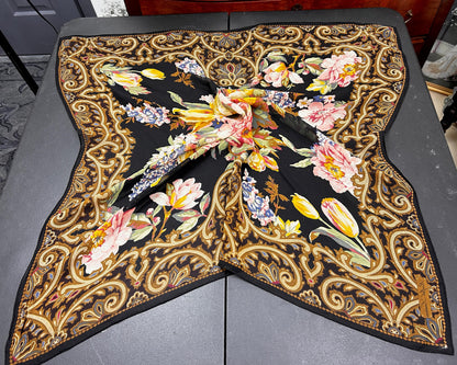 Vintage Ralph Lauren Sheer Scarf Black Floral Tulips Peonies Paisley Border