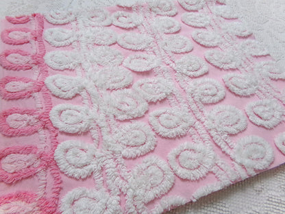 Playful Pink Vintage Chenille Bedspread Fabric White Curlicues 15" x 26"