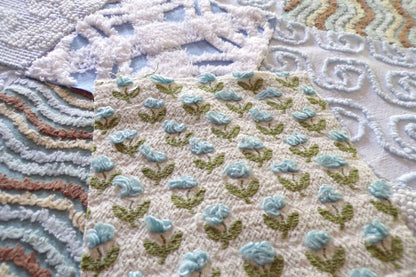 Breezy Blues Vintage Chenille Fabric Squares, Set of 17 Quilt Blocks, 6" x 6" inch, for Slow Stitching, Junk Journals, Quilting