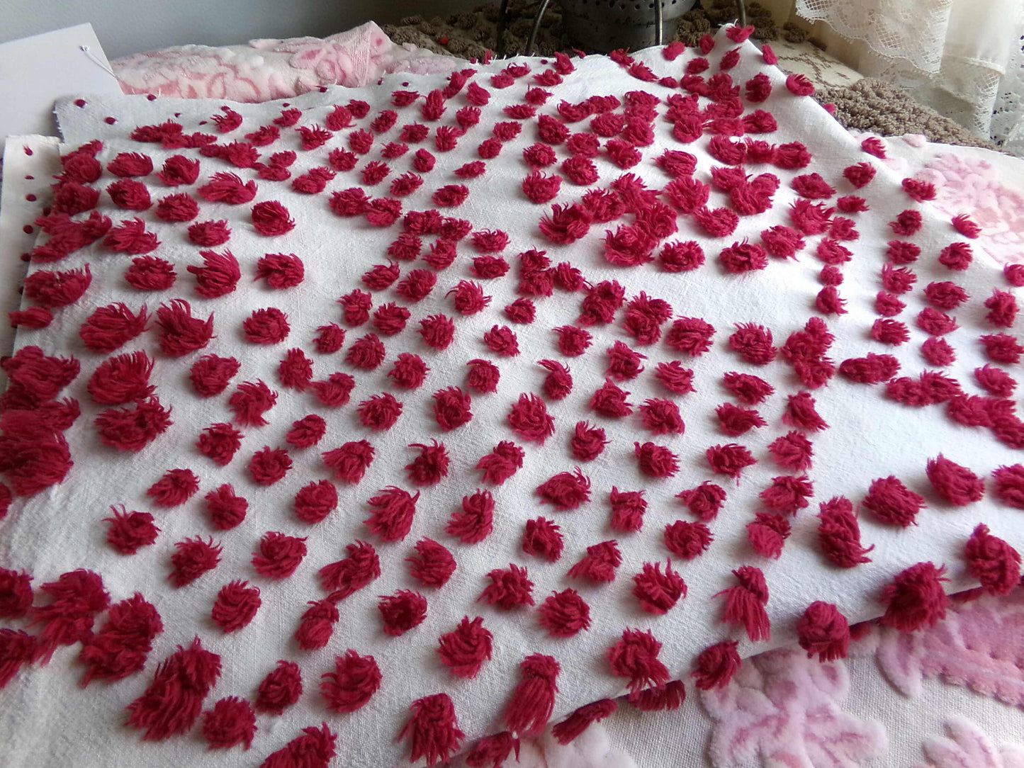 Magical "Ruby Slippers" Red Antique Chenille Fabric, 21" x 26" inch Piece, Vintage Handtuft Diamond Circle Puffs in Red Wine on White Cotton