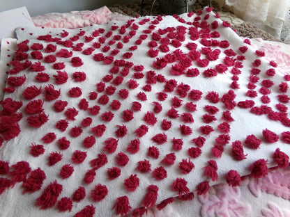 Magical "Ruby Slippers" Red Antique Chenille Fabric, 21" x 26" inch Piece, Vintage Handtuft Diamond Circle Puffs in Red Wine on White Cotton