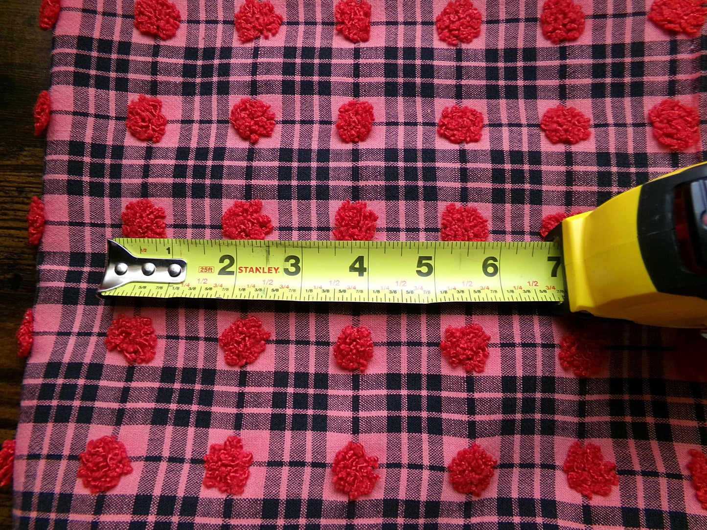 Black Tartan Plaid Vintage Chenille Bedspread Fabric, Texturized Red Dots, 19" x 26" inch Piece, Lightweight Sewing Material