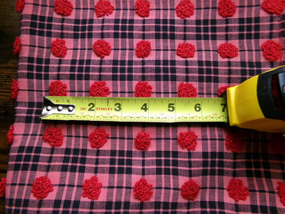 Black Tartan Plaid Vintage Chenille Bedspread Fabric, Texturized Red Dots, 19" x 26" inch Piece, Lightweight Sewing Material