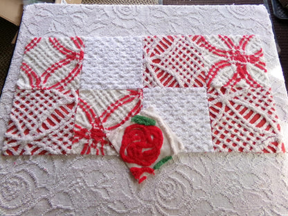 vintage chenille fabric squares, set of 8 red & white 7.5" vintage quilt blocks for sewing, Christmas crafts, quilting
