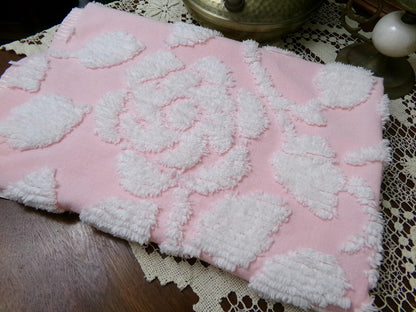 sculpted rose pink vintage chenille fabric, stylized roses cottage chic sewing material, 24" x 20" piece