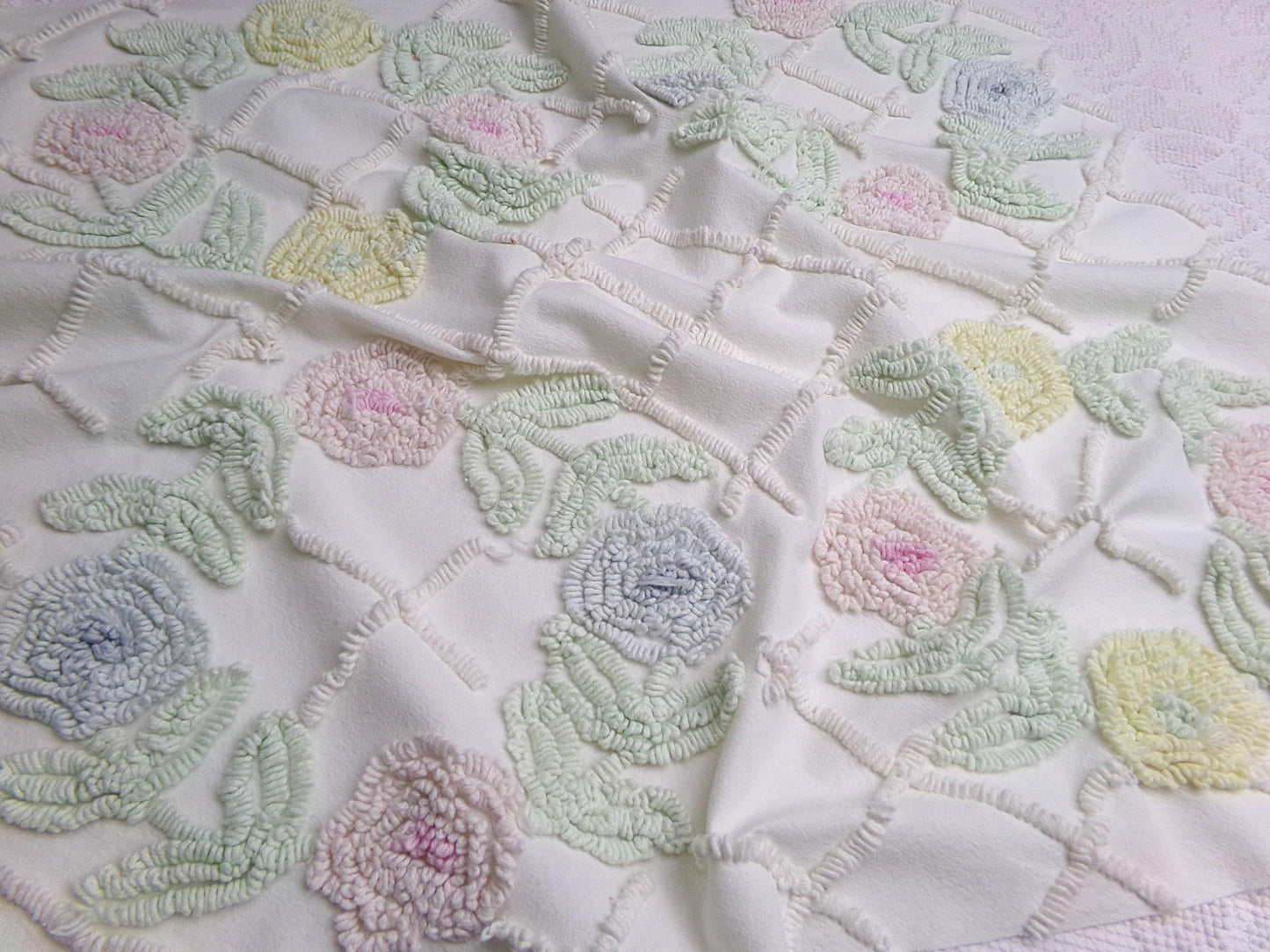 Vintage Chenille Fabric Pastel Spring Floral Wreaths on Antique Cream Cotton, 20" x 24" piece