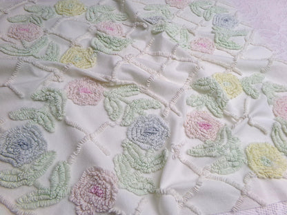 Vintage Chenille Fabric Pastel Spring Floral Wreaths on Antique Cream Cotton, 20" x 24" piece