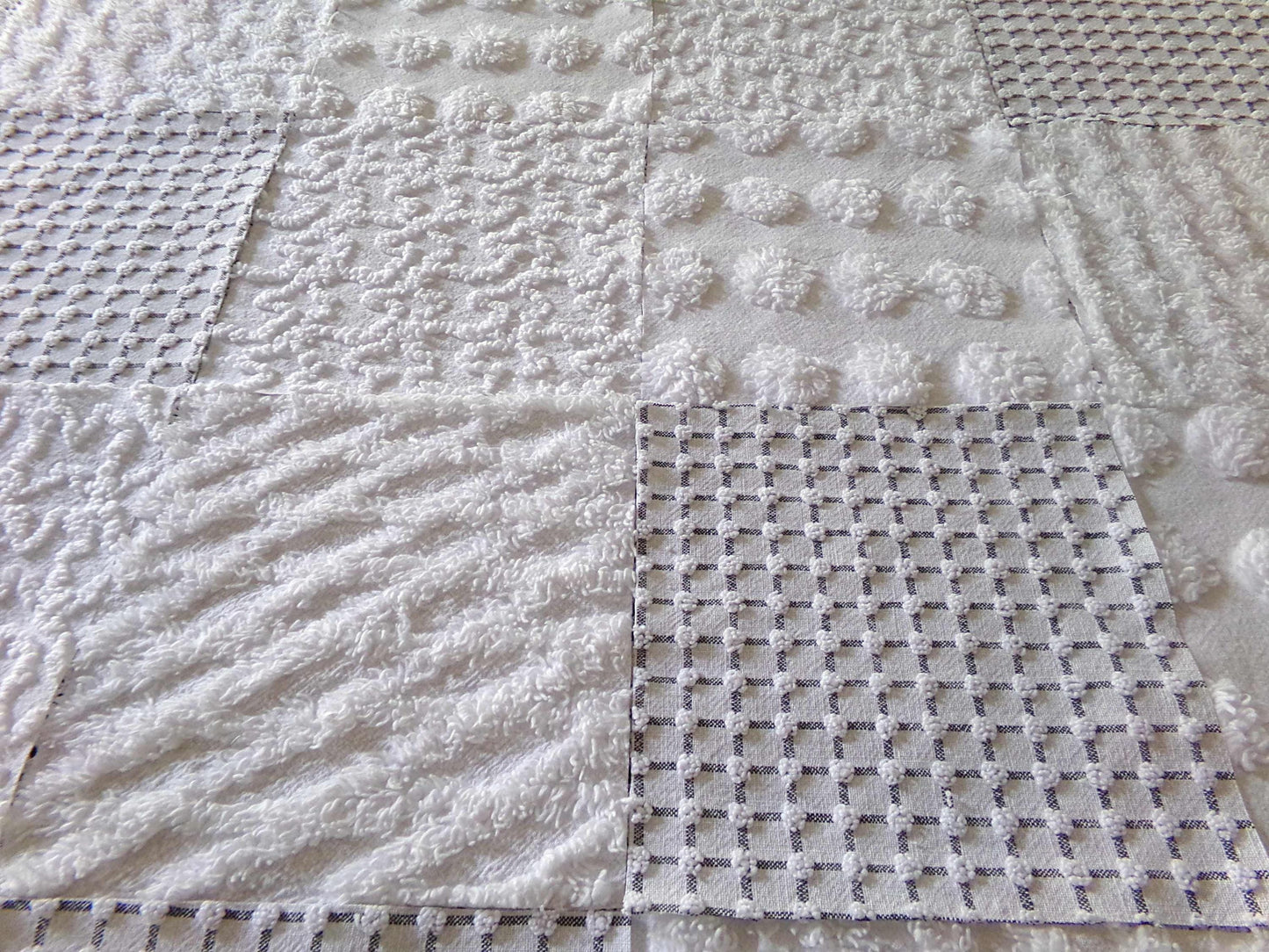 Snowstorm White Vintage Chenille Fabric Squares, Diamond Ice, Coin Pop, Squiggle & Micro Grid, Set of 16 Quilt Blocks, 6" x 6" inch each