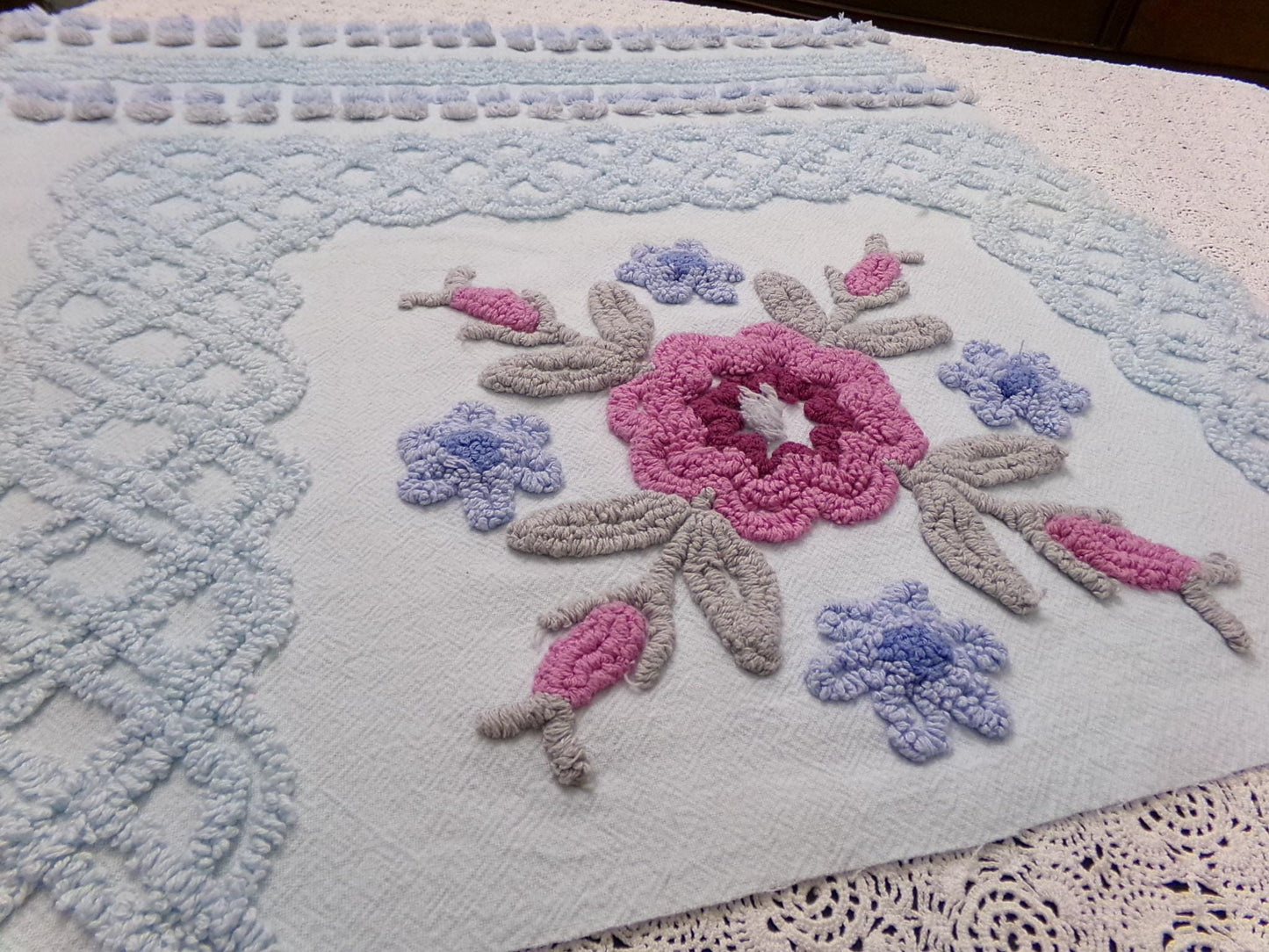 Shabby Blue Floral Vintage Chenille Bedspread Fabric, 23x23" Piece