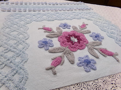Shabby Blue Floral Vintage Chenille Bedspread Fabric, 23x23" Piece
