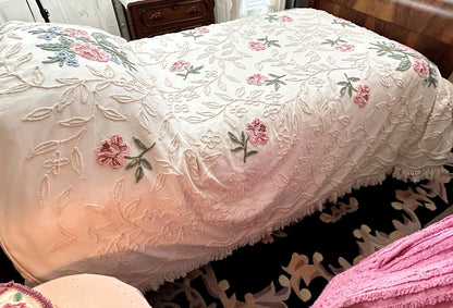 Heirloom Rose Vintage Chenille Bedspread Cream Ivory Vines Cabin Crafts Full Sz