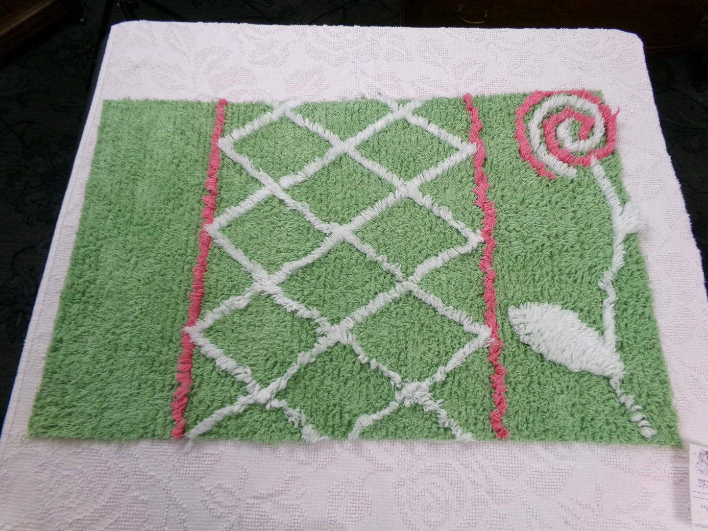 Pink Lollipop Vintage Style Chenille Fabric, terrytuft apple green sewing craft quilt material, 17" x 28" piece