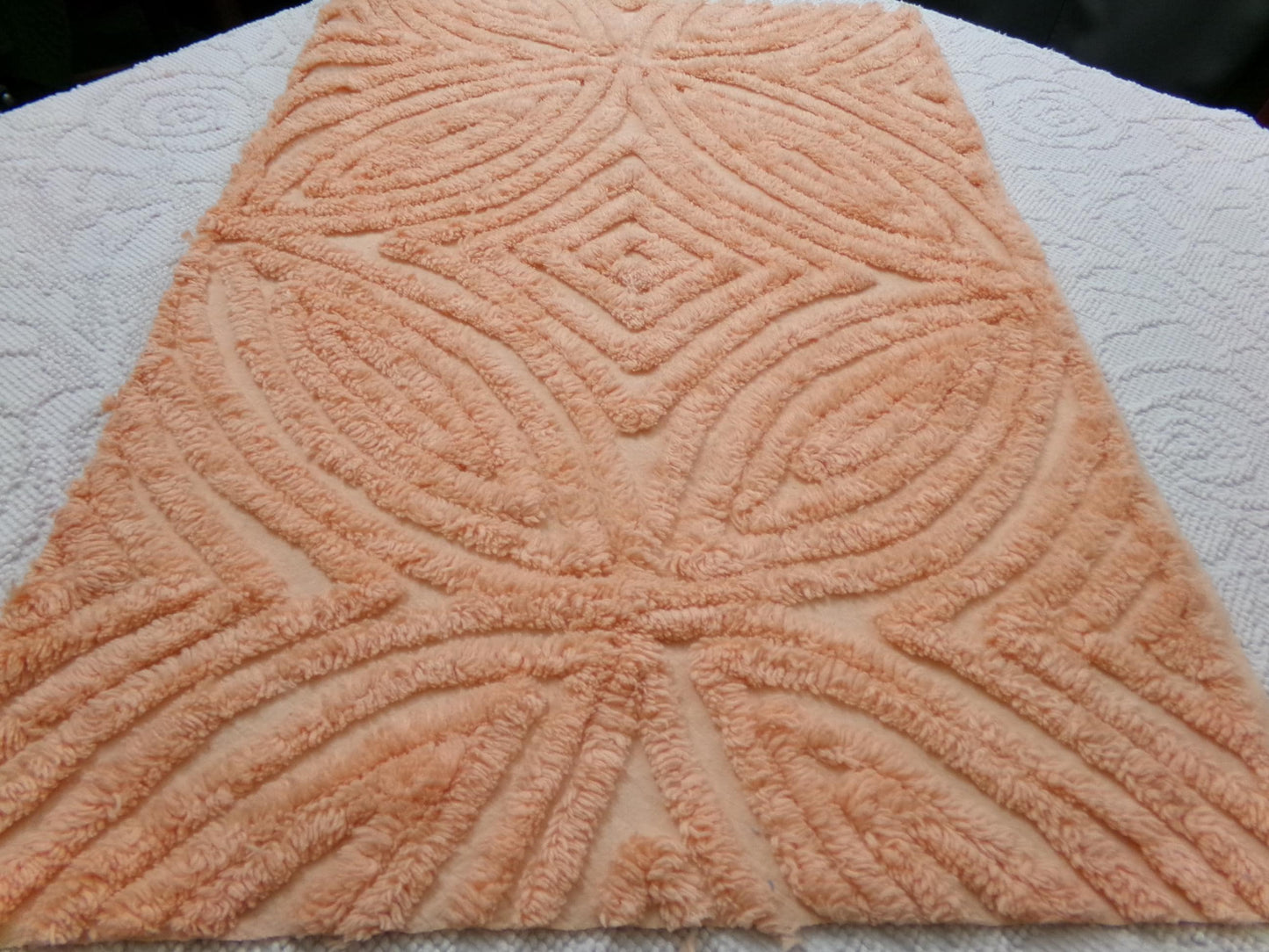 Peach Plush Vintage Chenille Fabric, tufted wedding ring design, sewing craft quilt material, 18" x 25" piece