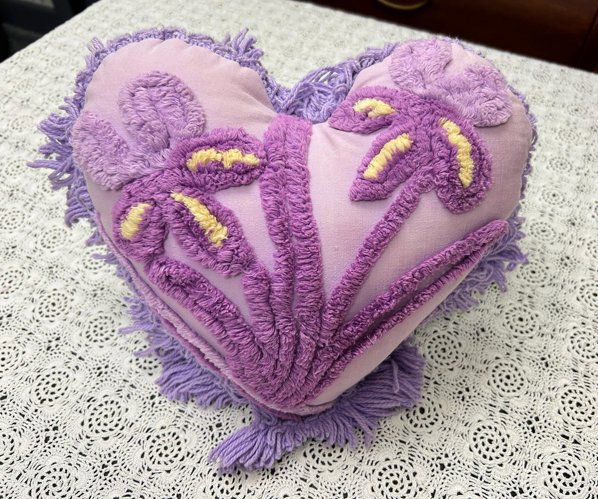 Vintage Heart Chenille Pillow, Shabby Iris Floral Reversible Fringed Design