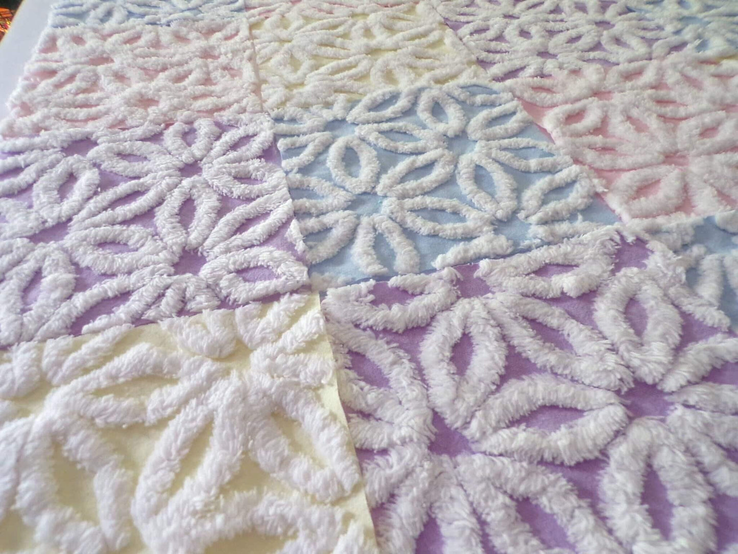 Rainbow Pastel Daisy Quilt Squares Set, Fluffy & Plush, from Vintage Chenille Bedspread Fabric, 16 Blocks, 6" x 6" inch
