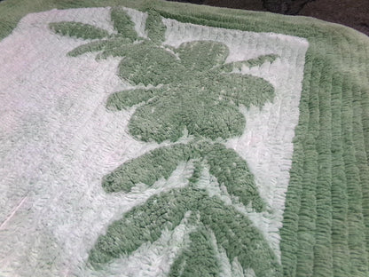 Vintage Green Chenille Rug, Shabby Botanical Leaf Cotton Accent Mat 21.5" x 39.5"