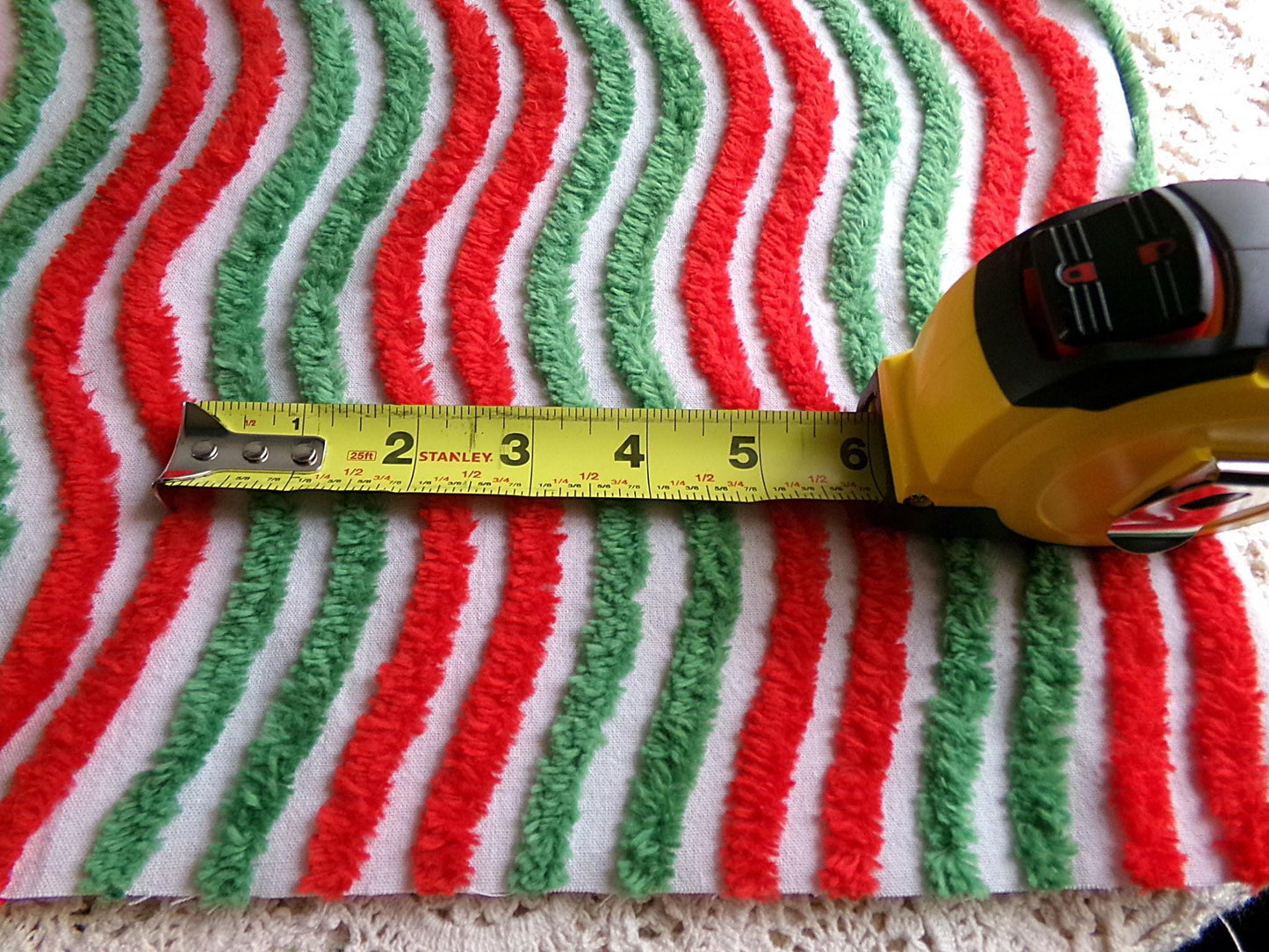 red & green ripple striped chenille fabric, festive vintage sewing material for Christmas stockings, holiday crafts, 15" x 28" inch piece