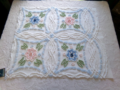 Shabby Cottage Chic Vintage Chenille Fabric, 25" x 21" Piece of White Pink Blue Floral Cotton Sewing Material, Upcycle into Pillows, Quilts