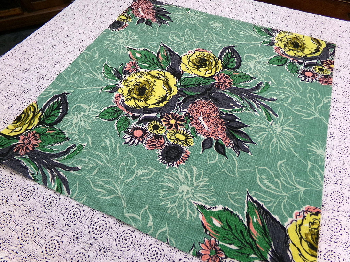 Vintage Green Floral Barkcloth Fabric Panel, Tonal Rose Shadow Leaf Design 21"x20.5"