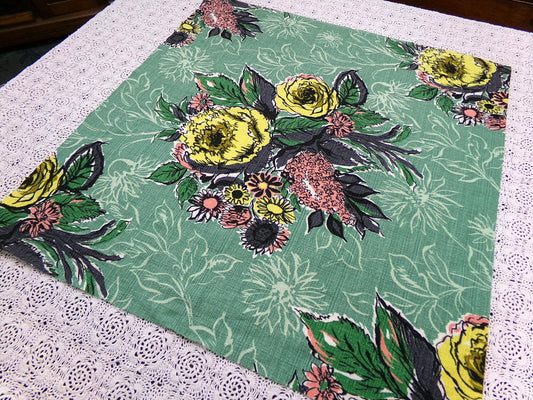 Vintage Green Floral Barkcloth Fabric Panel, Tonal Rose Shadow Leaf Design 21"x20.5"