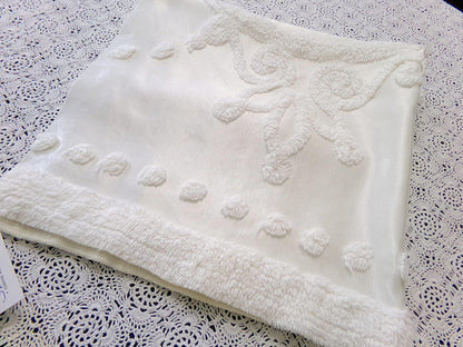 Vintage White Satin Chenille Bedspread Fabric, Shabby Chic 19x25" Piece