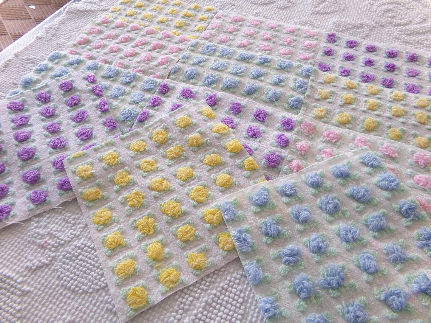 Premium Rosebuds Medley of chenille fabric squares, quilt square set cut from Vintage Chenille Bedspread Fabrics, 16 Blocks, 6" x 6" inch