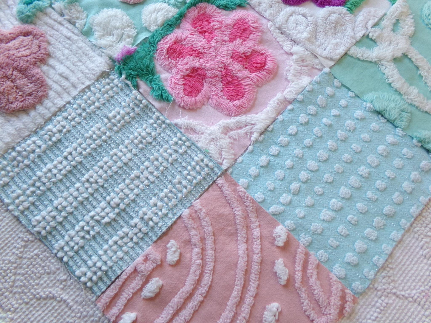 funky flowers 6" chenille squares, colorful mixed set of 16 quilt blocks rotary cut from vintage chenille bedspread fabrics