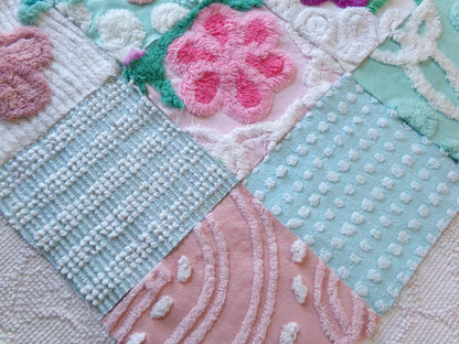 funky flowers 6" chenille squares, colorful mixed set of 16 quilt blocks rotary cut from vintage chenille bedspread fabrics