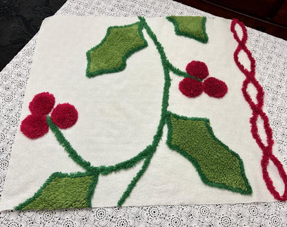 Holiday Vintage Chenille Fabric, Winter Holly Berry 22x20" Craft Piece