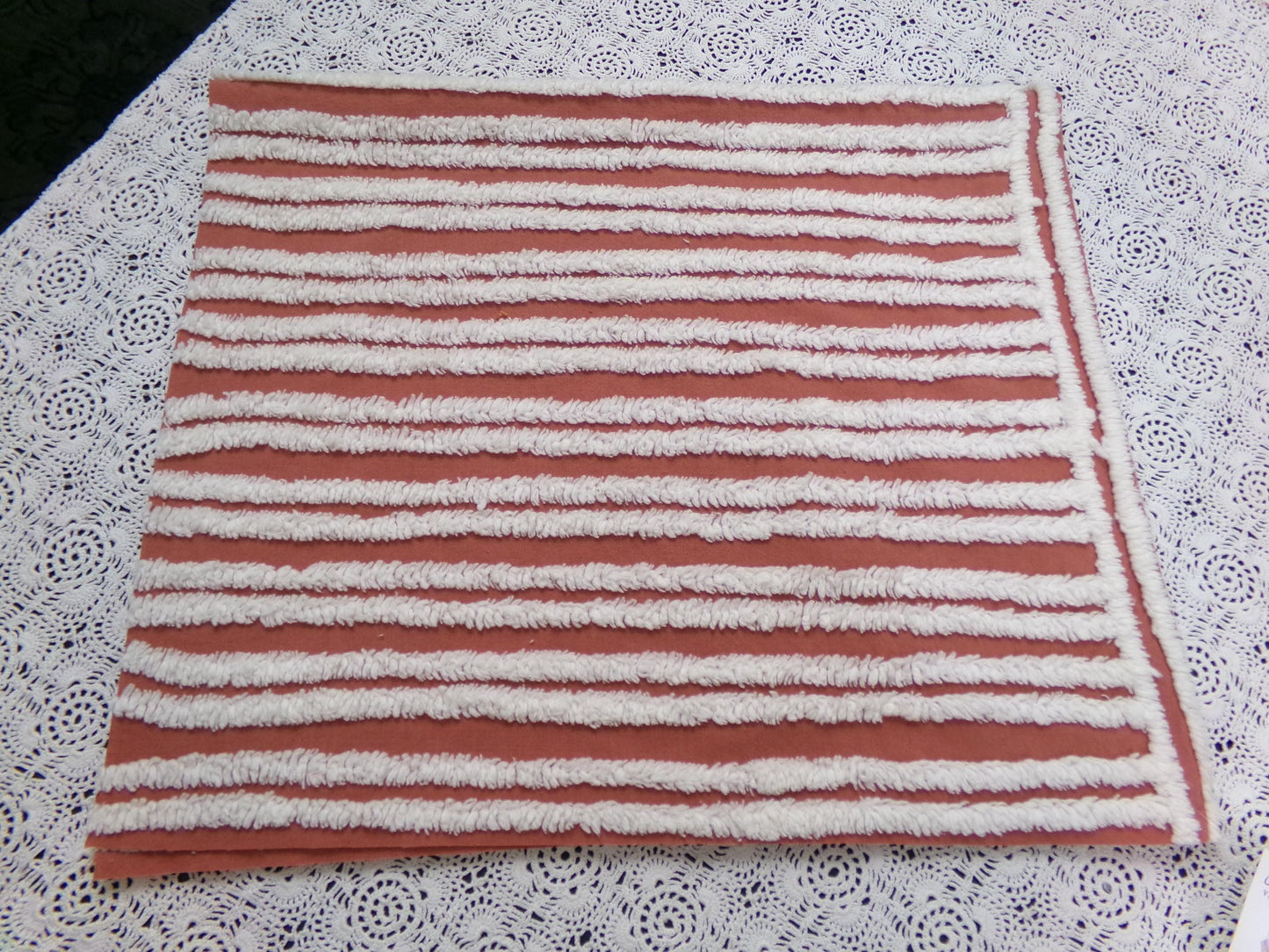 White Stripe Vintage Chenille Bedspread Fabric Terracotta Clay 16.5 x 27" Piece